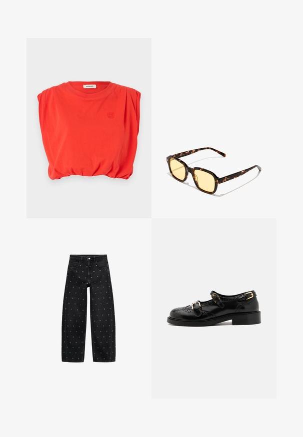 sandro Top - rouge; Čierne denimové nohavice s voľným strihom a vzorom malých strieborných očiek, so klasickým dizajnom piatich vreciek a zapínaním na gombík.; Čierne kožené topánky s brogue detailami, vybavené dvoma prackami, zaoblenou špičkou a nízkym podpätkom. Hladká textúra s lesklým povrchom.; Hnedé korytnačie slnečné okuliare so štvorcovými šošovkami a žltým odtieňom. Obsahujú elegantné ramená s logom značky. Ľahký plastový rám.