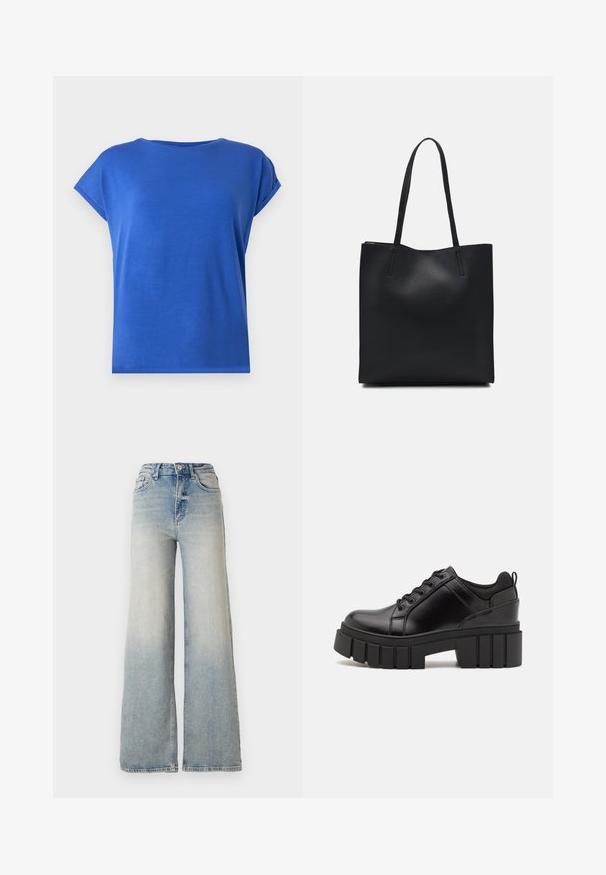 Lüheline, ringkäejope lühikeste varrukatega, valmistatud siledast kangast erksas sinises värvitoonis. Omab lõdva sobivuse ja keerdvari detailidega.; Heledad sinine laia säärega teksapüksid, mis on valmistatud denimist, kõrge vöökoht, viis taskut ja nähtav õmblemine õmbluste ääres.; Must musta platvormsussid paksu plokkninal, ümmarguse varbaga ja traditsioonilise nööridega kinnitamisega. Sussid on sileda tekstuuriga ja minimaalsete detailidega.; Mustast nahast kott sujuva tekstuuriga, ristkülikukujuline ja kahe pika sangaga. Pole nähtavat riistvara ega kaunistusi.