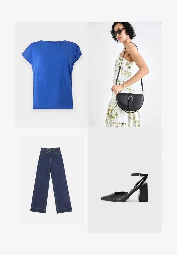 Majica kratkih rukava, okruglog izreza, izrađena od glatkog materijala u vibrantnoj plavoj boji. Ima opuštenu kroj i srolane detalje na rukavima.; Široke traperice u tamnoplavom denimu. Imaju pet džepova, petlje za pojas i siroki rub na dnu s vidljivim detaljima šavova.; Crne kožne cipele s špicastim vrhom, remenom oko gležnja i debelim potplatom. Ravna tekstura, elegantan dizajn i minimalistička estetika.; Crna kožna torba s lukovitim oblikom, odvojivim remenom i zlatnim detaljima. Torba ima preklop s kopčom.