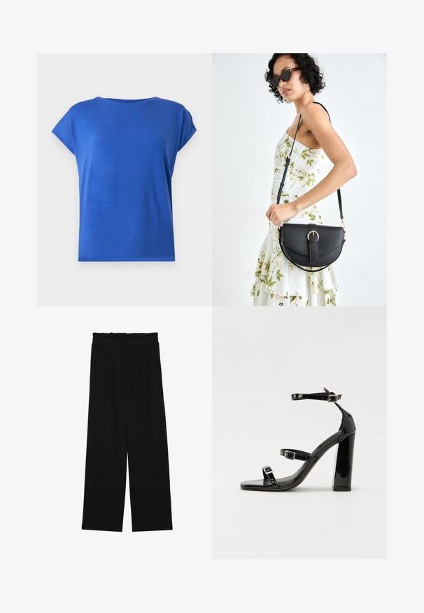 Koszulka z krótkim rękawem i okrągłym dekoltem, wykonana z gładkiego materiału w żywym niebieskim kolorze. Posiada luźny krój oraz wywinięte mankiety.; Czarne spodnie typu wide-leg z falbaną w pasie, z dwoma bocznymi kieszeniami i gładkim, lekkim materiałem. Brak widocznych wzorów lub elementów metalowych.; Czarne lakierowane sandały na obcasie z kwadratowym noskiem, z paskami wokół kostki i srebrnymi klamrami. Posiadają masywny słupek dla stabilności.; Czarna skórzana torebka o zakrzywionym kształcie, z odpinanym paskiem i złotymi akcentami. Torebka posiada klapę z zapięciem w kształcie klamry.