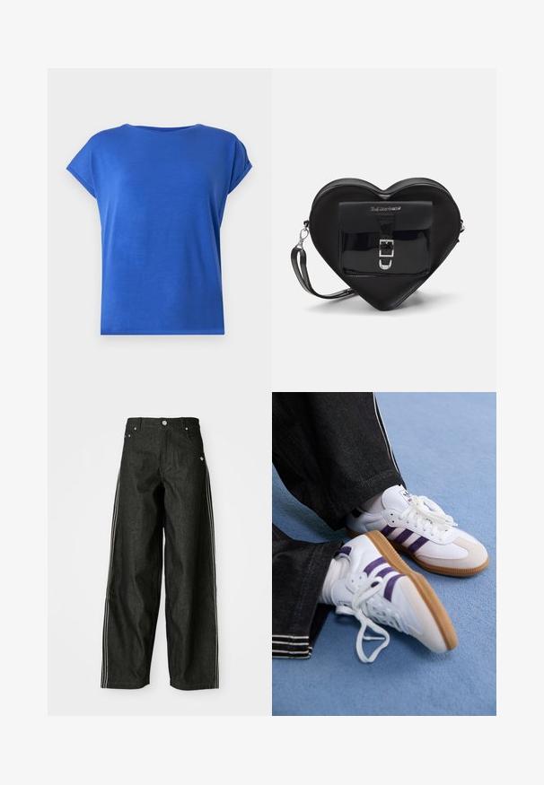 Majica s kratkimi rokavi in okroglim izrezom, narejena iz gladkega blaga v živahni modri barvi. Ima sproščen kroj in zavihke na rokavih.; Črne denim široke hlače s belimi stranskimi črtami, ki imajo sprednje žepe, gumbasto zapiranje in diskreten logotip blizu pasu.; Bele atletske čevlje bele barve s purpurnimi črtami in rjavimi gumijastimi podplati, opremljeni z okroglimi vezalkami in oblazinjenim ovratnikom. Nosijo se s temnimi džins hlačami.; Črna torbica v obliki srca, izdelana iz lakirane usnje, s sprednjim žepom, ki se zapira z zaponko, in snemljivim trakom. Srebrni dodatki.
