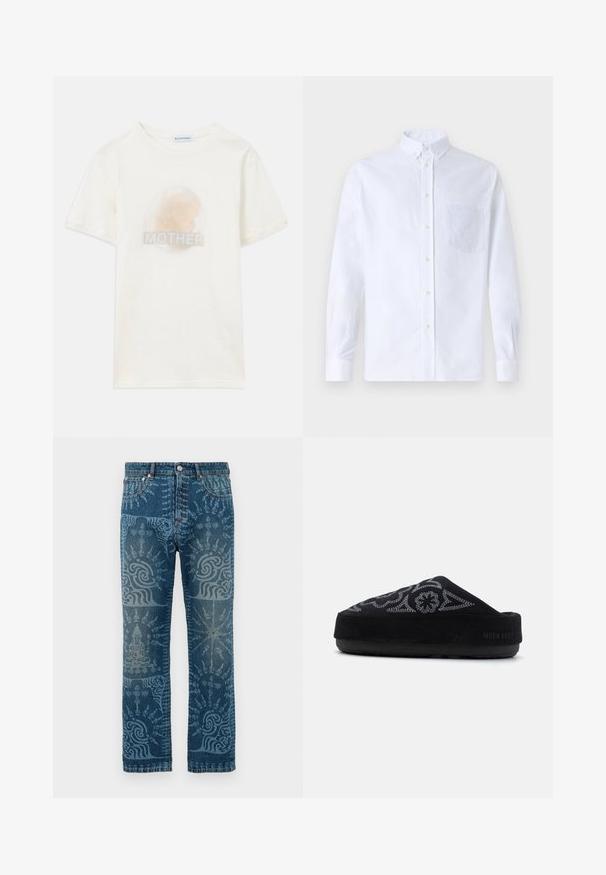 T-shirt à manches courtes écru avec une image circulaire estompée du profil d'un enfant et le mot "MÈRE" imprimé en dessous.; Chemise blanche à manches longues avec boutons en coton, présentant une poche poitrine avec broderie ton sur ton, un col et des poignets boutonnés.; Jean en denim dans un délavage bleu moyen, présentant des motifs fins bleu clair, coupe droite, style classique à cinq poches et fermeture à bouton.; Chaussure noire en suède à enfiler avec un design brodé, bout rond, semelle épaisse et le texte "MOON BOOT" sur le talon. Surface texturée.