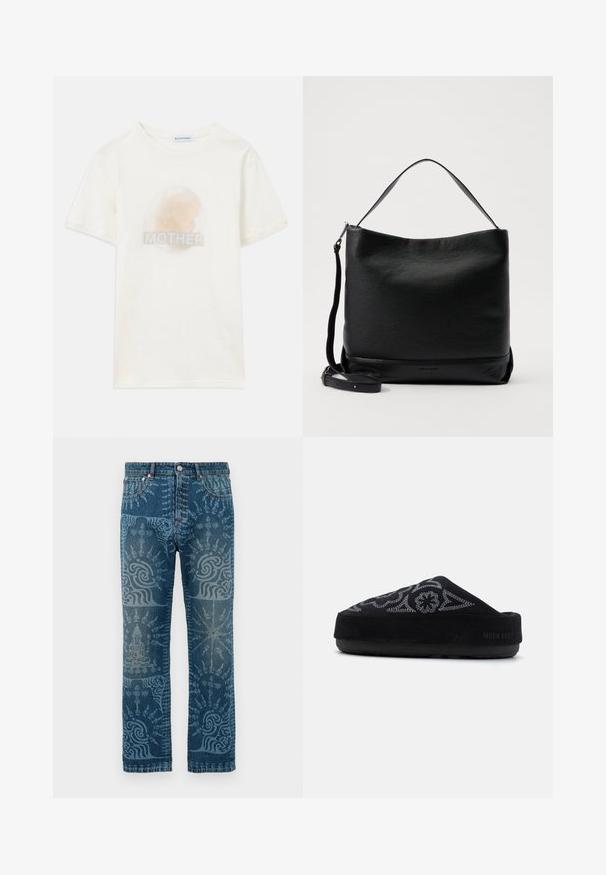Krémové tričko s krátkým rukávem, na kterém je vybledlý kruhový obrázek profilu dítěte a slovo "MATKA" vytištěné pod ním.; Bílá dlouhá košile s knoflíky vyrobená z bavlny, která má náprsní kapsu s tónovanou výšivkou, límec a knoflíkové manžety.; Džíny z denimu v středně modré barvě, s jemnými světle modrými vzory, rovný střih, klasický pětikusový styl a zapínání na knoflík.; Černé semišové nazouvací boty s výšivkou, kulatou špičkou, silnou podrážkou a textem "MOON BOOT" na patě. Texturovaný povrch.; Černá kožená kabelka přes rameno s texturovaným povrchem, zakřiveným vrchem a odnímatelným popruhem. Disponuje jednoduchým designem s minimálním množstvím kovových doplňků.