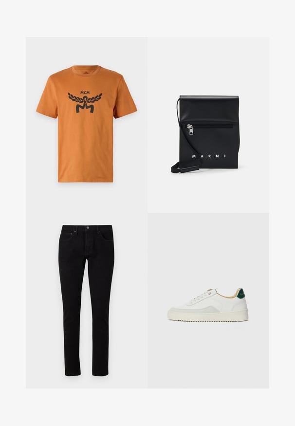 Oranžinė medvilninė marškinė su trumpomis rankovėmis, su juodu grafiniu logotipu, kuriame yra laurų lapų ir tekstas "MCM", atspausdintas priekyje.; Juodi džinsai su lieknu siluetu, turintys standartinį juosmenį, penkias kišenes ir metalinius akcentus. Lygus, šiek tiek tamprus audinys.; Baltos sportbačiai su zomšos akcentais, apvaliu nosiu, plokščiais raišteliais ir kreminės spalvos guminiu padu. Ant kulno yra žalia ženklinimo detalė.; Juodas odinis per petį nešiojamas krepšys su užtrauktuku ant priekio, iškilminiu logotipu ir reguliuojama juosta. Lygi tekstūra su struktūrizuota forma.