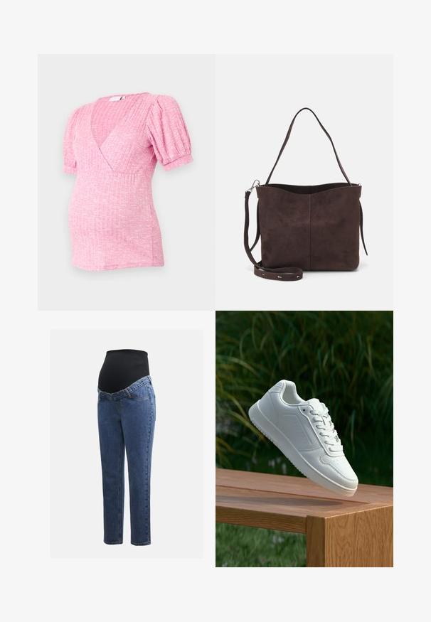 Hea roosa rasedusbluus, millel on ribakujundus, lühikesed puffvarrukad ja sügav V-kaelus. Mugav sobivus rasedatele.; Rasedusjeansid sinise denimi jalgadega ja musta veniva kõhuplaadiga, mis on mõeldud toetama ja katma kasvavat kõhtu.; Valged sneakerd, millel on sile sünteetiline ülemine osa, väikeste aukudega varvaskast, lamedad paelad ja tekstuuriga tald, eksponeeritud puidust pinnal.; Pruun nubukist kott pehme tekstuuriga, millel on üks õlavarre rihm ja peene kumer ülemine ava. Nähtavaid metallosi pole.