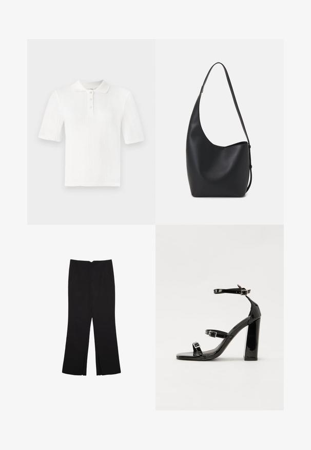 Bela pletena majica s kratkimi rokavi v polo stilu z rebrasto teksturo, tri gumbi na zapenjanju in klasičnim ovratnikom. Enostavna in vsestranska zasnova.; Črne hlače ravnega kroja z naglavnimi žepi in stranskimi razporki na robu. Narejene iz mehke, gladke tkanine. Primerne za različne priložnosti.; Črne lakirane sandale s peto, kvadratnim prstom, trakovi okrog gležnja in srebrnimi zaponkami. Opremljene so s stabilno Debelo peto.; Črna usnjena hobo torba z gladko teksturo, ukrivljeno obliko in eno nastavljivo naramnico; ima širok odprtina na vrhu.