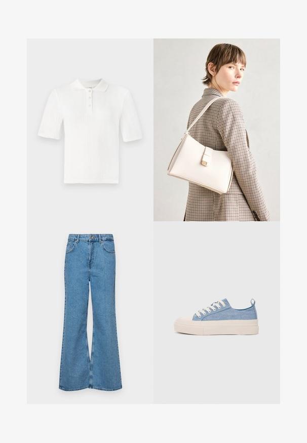 Bijela kratkosuknja kravata s rebrastom teksturom, tri gumba na prednjem dijelu i klasičnom ovratniku. Jednostavan i svestran dizajn.; Svijetloplave traperice s flared nogavicama, visokog struka, s pet džepova i jednim dugmetom za zatvaranje. Mekani materijal s izblijedjelim izgledom.; Svijetloplave platnene tenisice s kremastim gumenim vrhom i potplatom, koje imaju bijele vezice i petnu traku.; Bijela kožna torba s čvrstim dizajnom, s magnetskim kopčanjem i remenom za rame, prikazana na neutralnoj pozadini.