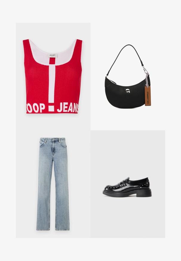 Vörös rövid ujjú top, textúrált kötött anyagból, fehér díszítésekkel. "JOOP! JEANS" logóval és középen fehér függőleges csíkkal rendelkezik.; Fakék, bő szárú farmernadrág. Gombos és cipzáros záródás, elülső zsebek és enyhe fakulás jellemzi. Tiszta szegések.; Fekete lakk bőr lakkcipők díszes ezüst szegecsekkel, kerek orral, alacsony blokk sarkal és sima fényes textúrával.; Fekete bőrtáska, melynek felülete szemcsés, ívelt formájú, felül zippzárral záródik, ezüst színű fémrészletekkel és barna cimkével rendelkezik. Jellemzője a logós díszítés.