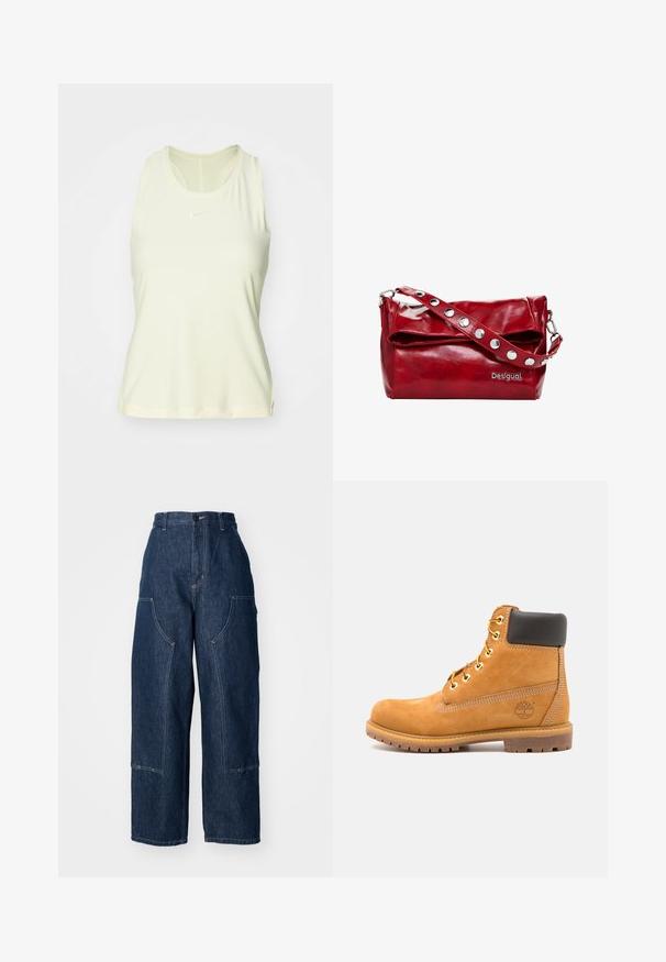 Lysegul, ærmeløs atletisk tanktop lavet af glat stof, med en rund halsudskæring og et lille hvidt logo på brystet.; Mørkeblå højtaljede denim bukser med brede ben, to sidelommer, kontrasterende orange syninger og en ren sømkant.; Brune læder ankelstøvle med sort polstring, gyldne øsken og en tekstureret sål. Har et cirkulært logo på siden og synlige syninger.; Rød syntetisk læder skuldertaske med en fold-over flap, sølvfarvede trykknapdetaljer på remmen og et trykt "Desigual" logo.