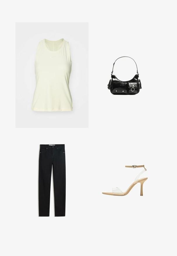 Svetlo rumena bezrukavna atletska majica napravljena od glatkog materijala, sa zaobljenim izrezom i malim belim logotipom na grudima.; Črne jeans hlače s ravnim krojem, petimi žepi, kovinskim gumbom za zapiranje in subtilnimi šiviljskimi podrobnostmi. Gladka tekstura.; Sandal z jasnim petnikom s prozornim zgornjim delom, bež podplatom in sivim trakcem okoli gležnja. Ima koničast nos in tanek visoki petek.; Črna lakasta usnjena torbica s ukrivljeno obliko, enim ramenskim trakom, sprednjimi žepi in srebrnimi kovinskimi dodatki.