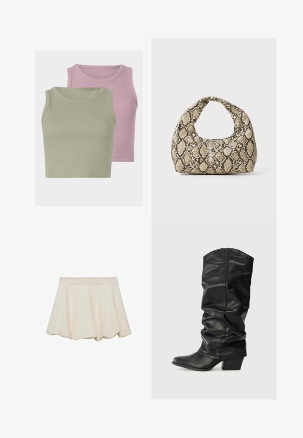 Kaksi hihattomaa ribbitoppiä, yksi vaaleanvihreä ja yksi vaaleanpunainen, esittelee pehmeää rakennetta ja pyöreitä kaula-aukkoja.; Hame vaale beige-värinen, pehmeä ja sileä tekstuuri, levenevä muotoilu ja aaltomaisesti leikattu helma. Varustettu leveällä elastisella vyötärönauhoilla mukavuutta varten.; Mustat nahkaiset polvipituiset saappaat, joissa on renksumainen muotoilu, terävä kärki ja paksu korko, jotka omaavat sileän pinnan ja minimaalisen ompeleen.; Käärmeennahkakuosiset käsilaukku, jossa on kaareva kahva. Tehty teksturoiduista beigeistä ja ruskeista materiaaleista, joissa on erottuva timanttikuvio.