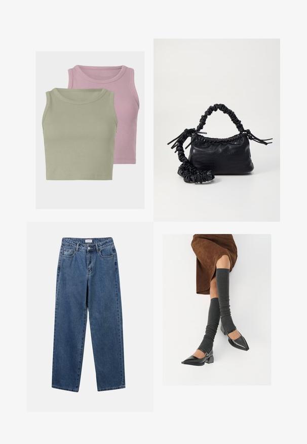 Due magliette senza maniche a coste, una in verde chiaro e l'altra in rosa chiaro, che mostrano una morbida texture e scollature rotonde.; Jeans in denim blu classico con design a gamba dritta, cinque tasche e chiusura con bottone. Presentano un lavaggio medio e una trama robusta.; Scarpe nere in pelle verniciata con punta affilata, tacco a blocco e cinturino alla caviglia, abbinate a scaldamuscoli grigi a coste e una gonna in suede marrone.; Borsa a tracolla in ecopelle nera con texture a coccodrillo, apertura cinchata e tracolla arricciata. Si presenta con un design morbido e compatto.