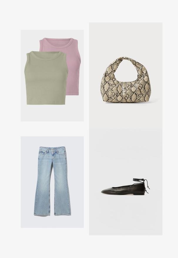 Kaksi hihattomaa ribbitoppiä, yksi vaaleanvihreä ja yksi vaaleanpunainen, esittelee pehmeää rakennetta ja pyöreitä kaula-aukkoja.; Weekday NOVA - Slim fit -farkut - lip blue; Musta nahka ballet-flatit, joissa on terävä kärki, nilkkaremmiliitos ja litteä pohja, varustettuna sileällä pinnalla ja minimalistisella muotoilulla.; Käärmeennahkakuosiset käsilaukku, jossa on kaareva kahva. Tehty teksturoiduista beigeistä ja ruskeista materiaaleista, joissa on erottuva timanttikuvio.