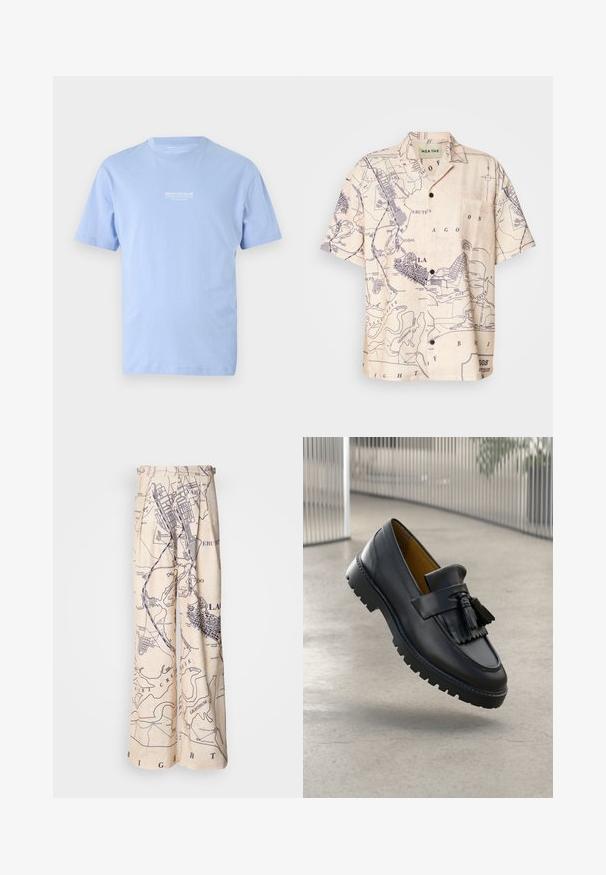 Svetlo modra kratko rokava majica s krošnjami in majhnim belim besedilom "DENIM TOM TAILOR" osredotočenim na prsih.; Majica s kratkimi rokavi iz svetlobežnega blaga z modrim tiskanjem zemljevida, s klasičnim ovratnikom in sprednjim žepom.; Hlače širokih nogavic z zemljevidnim vzorcem v temnavij modri barvi na bež ozadju, s plisejskimi detajli v pasu in sproščenim krojem.; Črne usnjene loafers čevlje z detajlom pompona, gladka površina in gumijast podplat z napravami za oprijem. Notranjost obložena v kontrastni rjavi barvi.