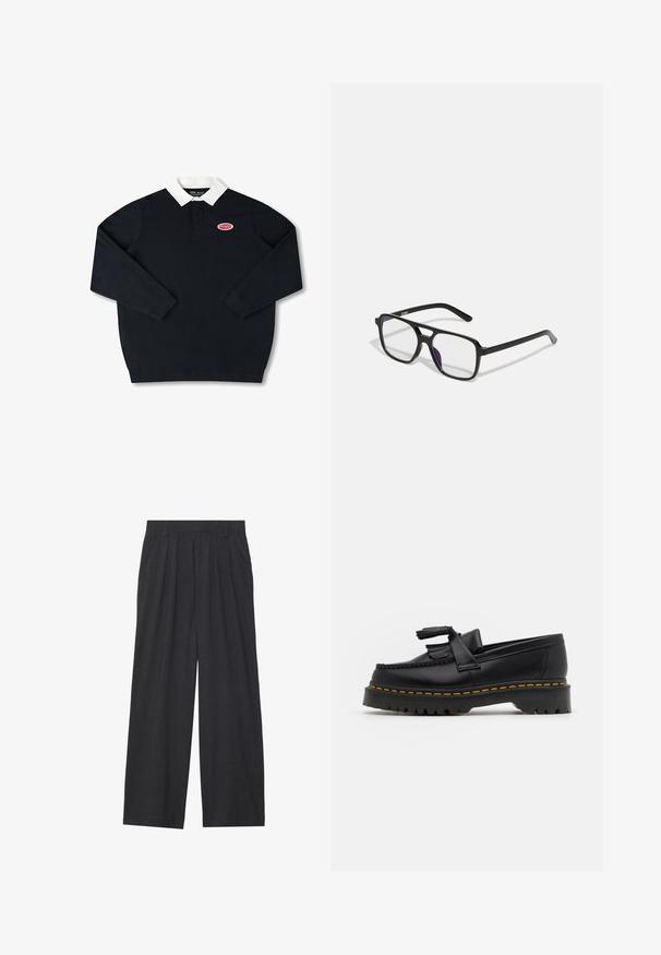 Melna garās piedurknes polo krekls ar baltu apkakli, ar sarkanu izšūtu logotipu kreisajā pusē. Izgatavots no kokvilnas materiāla ar gludu tekstūru.; Platas piegriezuma bikses no tumši pelēka auduma. Iezīmes - izgriezumi jostasvietā, veidota forma un taisna silueta.; Melnas ādas mokasīni ar pērlītēm uzsvaru, ar masīvu melnu zoli un dzeltenu šuvumu gar malu. Ar teksturētu apdari.; Melnas taisnstūra brilles ar caurspīdīgiem stikliem un smalku purpura tonējumu, ar gludām kājiņām un minimālistisku dizainu.