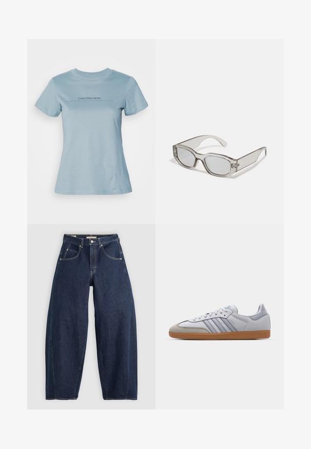 Light blue cotton t-shirt with a crew neck, short sleeves, and black text "Calvin Klein Jeans" with "ESTABLISHED NINETEEN SEVENTY EIGHT" underneath.; Dark blue denim jeans with a loose fit, light stitching, five pockets, and a button closure at the waistband.; White leather sneakers with light blue accents, grey suede toe, and a brown rubber sole. Features three blue stripes and "Samba" branding.; Gray translucent sunglasses with a rectangular shape, flat lenses, and thick arms. Features a subtle hinge detail on the temples.; Olive green suede tote bag with two leather handles, soft texture, stitched detail down the center, and open top design.