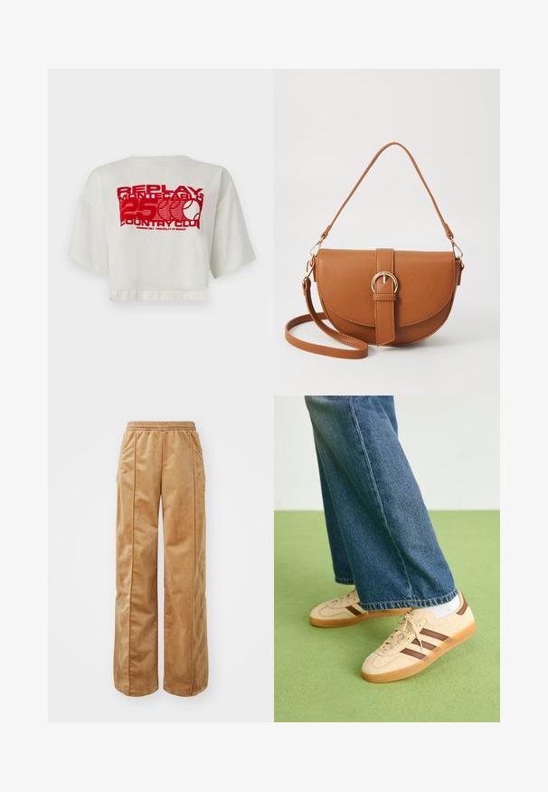 White cropped t-shirt made of cotton, featuring a large red graphic print with text and a tennis racket logo on the back.; Tan wide-leg pants made of soft, velvety material. Features an elastic waistband and vertical seams along the front for added detail.; Beige sneakers with textured cream panels and brown stripes, paired with blue denim jeans. The jeans have a wide leg and frayed hem.; Brown leather crossbody bag with a curved shape, gold hardware, and a buckle accent. Features a detachable shoulder strap.