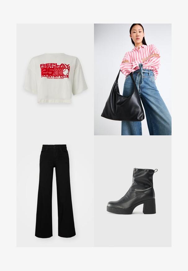 Hvid cropped t-shirt lavet af bomuld, med et stort rødt grafisk tryk med tekst og et tennisracket-logo på ryggen.; Sorte bukser med bred benvidde lavet af denim, med en struktureret talje, bæltesløjfer og forlommer. Glat tekstur med et klassisk design.; Sorte ankelstøvler lavet af glat læder, med en sidelukning, kraftig struktureret hæl og rundt tådesign.; Sort læder skuldertaske med en afslappet form og sømdetaljer. Modellen har en lyserød og hvid stribet skjorte på sammen med blå jeans med brede ben.