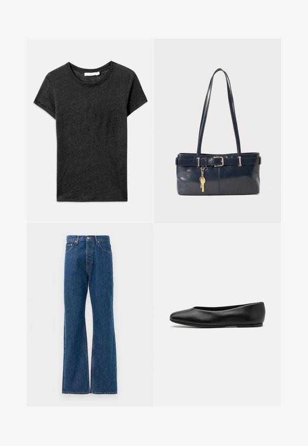T-shirt corto grigio scuro, maniche corte, collo rotondo, realizzato in un tessuto morbido e testurizzato con una vestibilità casual. Nessun motivo visibile o dettagli hardware.; Jeans a zampa d'elefante in denim blu con vita alta, dotati di cinque tasche, chiusura con bottone argentato e dettagli di cuciture in evidenza.; Paul Smith TOPANGA - Ballerine - black; Borsa a mano in pelle blu con due manici lunghi, un dettaglio con fibbia e un portachiavi attaccato. Presenta una texture liscia e una forma rettangolare.