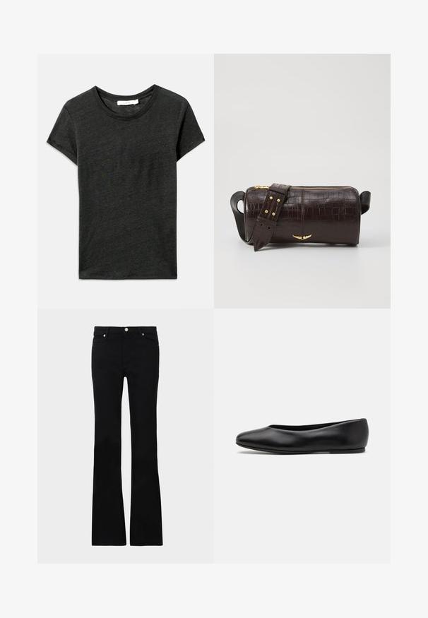 T-paita tummanharmaana, lyhythihaisena, pyöreällä kaula-aukolla, valmistettu pehmeästä, teksturoidusta kankaasta, jossa on rento istuvuus. Ei näkyviä kuvioita tai metalliosia.; Mustat levenevät farkut, valmistettu denimi- materiaalista, varustettu kahdella etutaskulla, napin sulkimella ja sileällä pinnalla. Alussa näkyviä erityisompeleita.; Paul Smith TOPANGA - Ballerinat - black; Ruskea krokotiilinkuosilla varustettu nahkalaukku, jossa on sylinterimäinen muoto, kultasävyiset yksityiskohdat ja irrotettava hihna, jossa on niittejä.