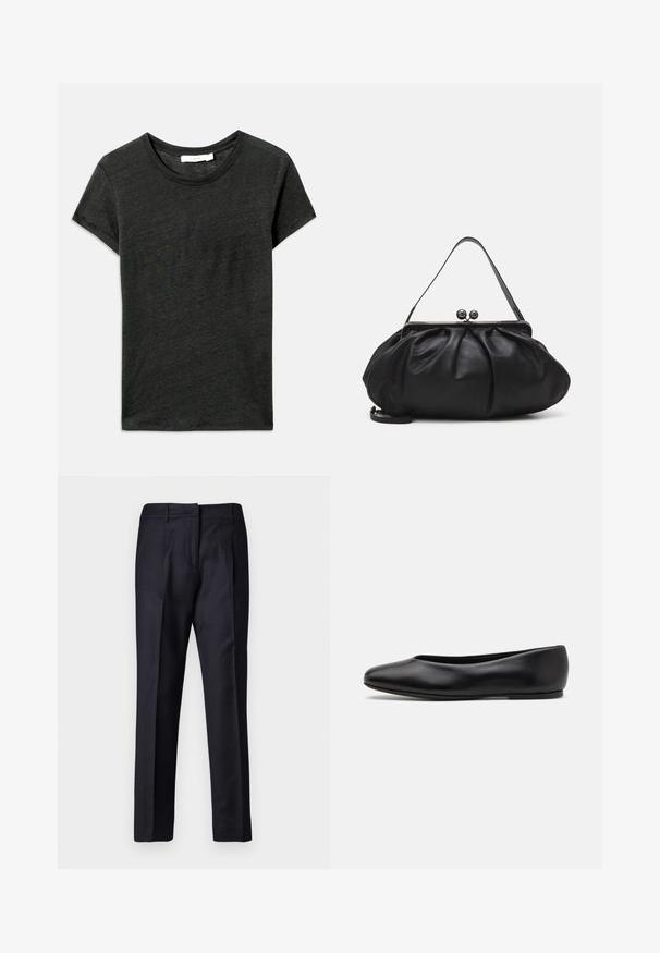 Temno siva kratka majica s kratkimi rokavi, krojena ovratnikom, izdelana iz mehke, teksturirane tkanine s sproščenim krojem. Brez vidnih vzorcev ali kovinskih detajlov.; Mornarske krojene hlače z gladko teksturo, z ravnim sprednjim delom, dvema nabirmama in zankami za pas. Ravnokrojene hlače z končanim robom.; Paul Smith TOPANGA - Balerinke - black; Črna usnjena torbica za roke z zaobljeno, naborkano zasnovo. Opremljena je z metalnim zapiralom z dvema dekorativnima kroglicama in tankim, odstranljivim trakom.