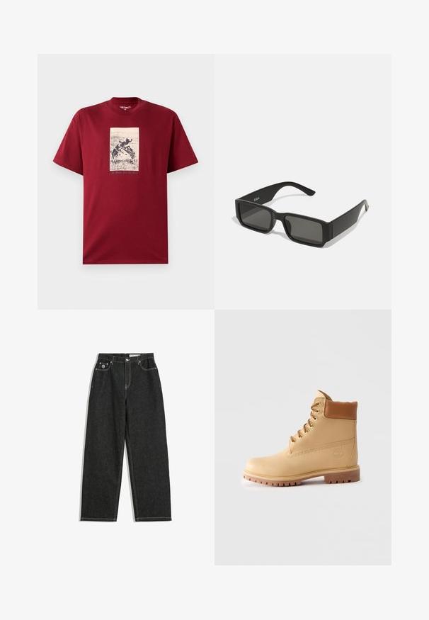Burgundská bavlnená tričko s čiernobielou grafickou potlačou hravých psov a textom "Všetka práca a žiadna zábava" pod ním. Krátke rukávy.; Čierne rovné džínsy s bielym prešívaním, designom s piatimi vreckami, zapínaním na gombík a zips, a malým logom na pravom prednom vrecku.; Svetlohnedá kožená členková topánka s polstrovaným golierom, zlatými očkami, pieskovými šnúrkami a hrubou podrážkou na jednoduchom svetlom pozadí.; Čierne slnečné okuliare s obdĺžnikovými šošovkami, matný plastový rám a rovné hrany. Obsahujú logo značky na vnútornej strane ramenka.