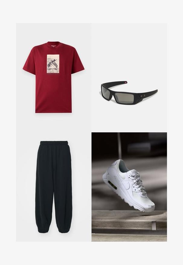 Burgundy cotton t-shirt featuring a black and white graphic print of playful dogs with the text "All Work And No Play" beneath. Short sleeves.; Black, elasticated-waist sweatpants with a loose fit, cuffed ankles, smooth texture, and no visible patterns or hardware accents.; White Nike Air Max 90 sneaker featuring a mesh and leather upper, perforated toe box, and a visible air unit in the heel.; Black sunglasses with a matte finish, rectangular lenses, slight curve on temples, subtle logo detail, and smoke-tinted lenses.