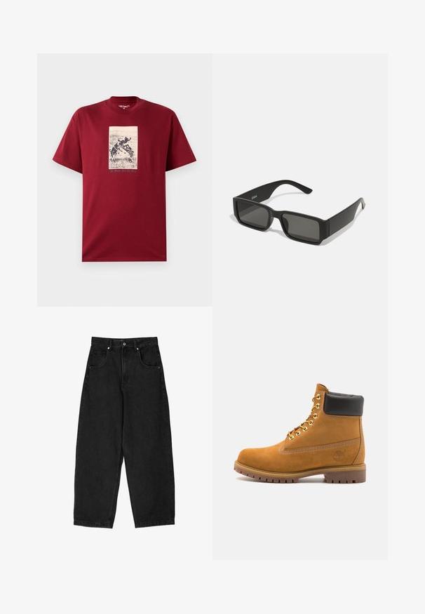 Burgundy puuvillapaita, jossa on mustavalkoinen graafinen printti leikkisistä koirista ja tekstillä "Kaikki työ ja ei leikkiä" alla. Lyhyet hihat.; Mustat farkut leveällä lahkeella ja korkealla vyötäröllä, joissa on viisi taskua, vetoketjukiinnitys ja metallinen nappikiinnitys. Suora pinta, minimaalinen yksityiskohtaisuus.; Valkoinen nahkainen nilkkuri mustalla pehmustetulla kauluksella, kultaisilla metallisilla rei'illä, valkoisella ompeluksella ja jykevällä kumipohjalla, jossa on selvästi näkyvät urat.; Musta aurinkolasit suorakulmaisine linsseineen, matasta muovista valmistettu kehys ja suorat reunat. Sisähaara on varustettu merkkilogolla.