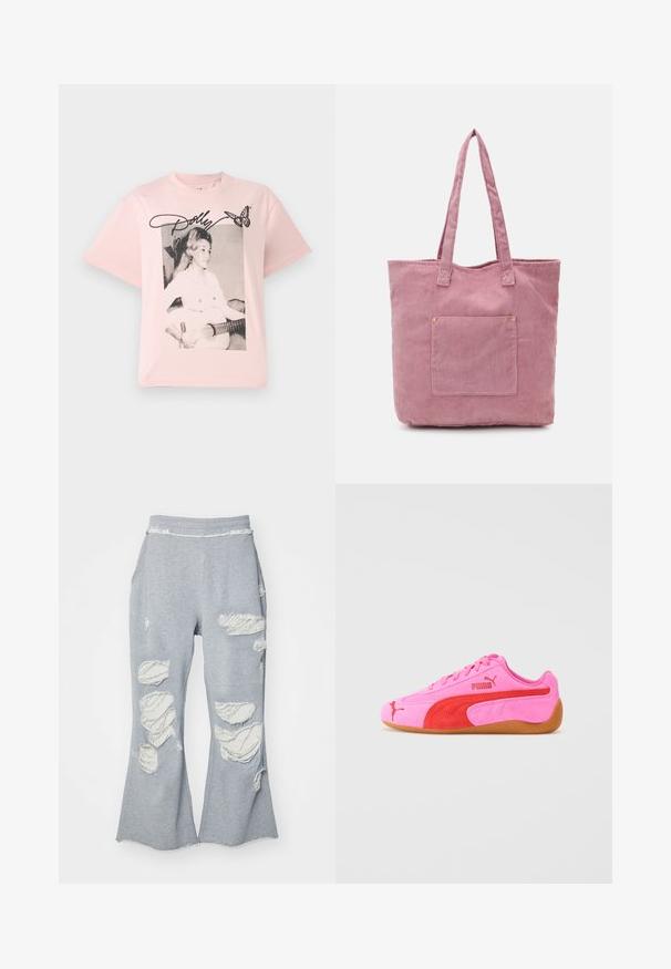 Rosa bomullströja med en svartvit grafik av en kvinna med en gitarr, accentuerad med namnet "Dolly" i kursiv och en fjäril.; Grå sweatpants med en utsvängd bendesign, med flera slitna lappar som blottar en ljusare tyg. Elastisk midja för komfort.; Rosa mockaskinns sportskor med röda detaljer, en gummisula och signaturlogotyp. Har en rundad tå och snörningsdesign.; Rosa kordfloderväska med två långa handtag, har en framficka och subtil ribbad textur. Slät insida.