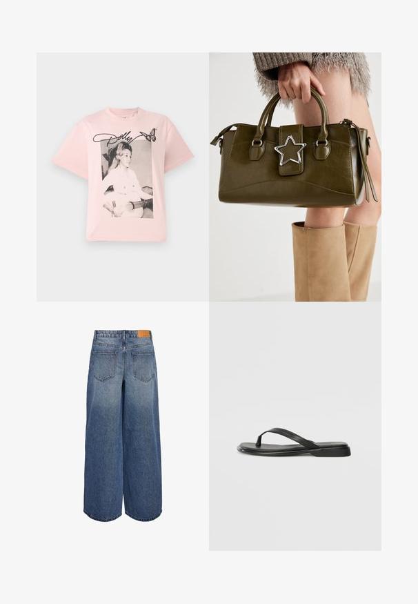Pink cotton t-shirt featuring a black-and-white graphic of a woman with a guitar, accented with the name "Dolly" in script and a butterfly.; Wide-leg denim culottes in medium blue wash with a faded texture, featuring two back pockets and a brown leather brand tag on the waistband.; Black flip-flop made of smooth leather, featuring a thin strap design and a flat sole with a minimal profile. No notable patterns or accents.; Olive green faux leather handbag with silver star accent, dual handles, and a zip closure. Textured surface and structured shape.