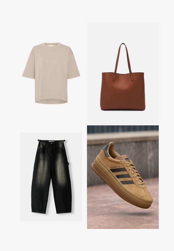Béžové tričko s krátkym rukávom a okrúhlym výstrihom, vo voľnom strihu a so rovným lemom. Vyrobené z mäkkej tkaniny s hladkou textúrou. Bez viditeľných vzorov alebo akcentov.; Voľné čierne deninové nohavice s vyblednutou textúrou, piatimi vreckami a poutkom na páse. Dizajn sa vyznačuje voľným strihom a rovnými nohavicami.; Svetlé semišové tenisky s hladkým povrchom, obsahujúce tri tmavé pruhy, zaoblenú špičku a hrubšiu podrážku so vzorovaným okrajom.; Hnedá kožená taška na rameno s hladkou textúrou, otvoreným vrchom a dvoma ramenými popruhmi. Má minimálne šitia a žiadne viditeľné kovania.