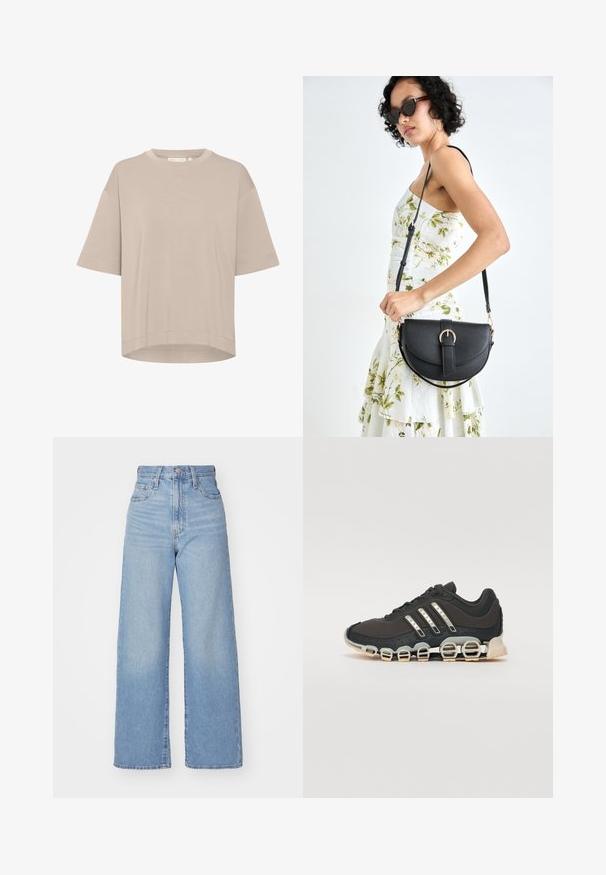 Beige rövid ujjú póló kerek nyakkal, laza fazonnal és egyenes szegéllyel. Puha anyagból készült, sima textúrával. Nincsenek látható minták vagy díszítések.; Világoskék, magas derekú, bő szárú farmernadrág, elülső gombbal és cipzárral, elülső és hátsó zsebekkel, fehér háttérrel.; Fekete sportcipő texturált felsőrésszel, három ezüst csíkkal, és egy jellegzetes párnázott talppal, amely több integrált szakaszból áll.; Fekete bőrtáska ívelt formával, levehető pánttal és arany színű fémrészekkel. A táskán egy csattal díszített fedél található.