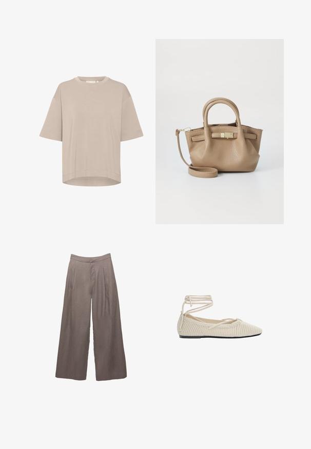 Bež majica kratkih rukava s okruglim izrezom, širokog kroja i ravnim rubom. Izrađena od mekog materijala s glatkom teksturom. Bez vidljivih uzoraka ili ukrasa.; Široke taupe lanene hlače s visokim strukom i prednjim plisiranim detaljima, osmišljene za labav i opušten fit.; Bež pleteni baletni stan s oštrim vrhom, ravnim potplatom i omotanim vezicama. Tekstura je otvorena pletenina s glatkom unutarnjom oblogom.; Smeđi kožni rukavac s dvostrukim ručkama i odvojivom remenom za rame. Ima zlatni zatvarač i teksturiranu površinu.