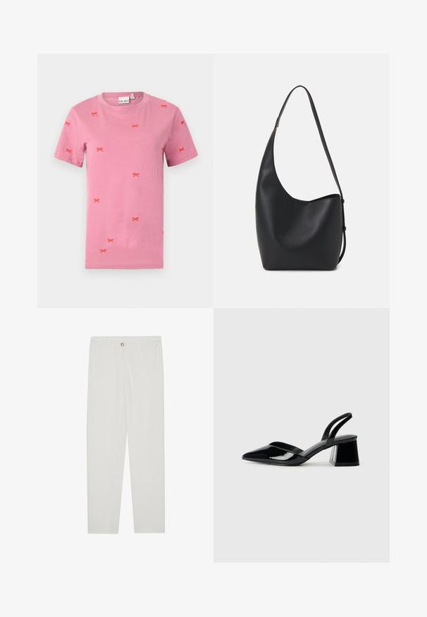 Kortärmad rosa bomulls-T-shirt med spritt röda rosettbroderier över hela. Rund halsringning och standard passform.; Vita, skräddarsydda byxor med rak benform, med knappstängning, bältesslingor och sidofickor; mjuk tygtextur.; Svarta lackläder slingback klackar med spetsig tå och geometrisk klack. Har en elegant, minimalistisk design och slät yta.; Svart läder hobo-väska med en slät textur, kurvig form och en justerbar axelrem; har en bred öppning upptill.