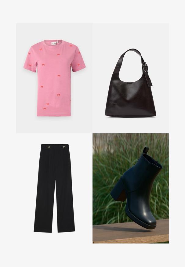Short-sleeve pink cotton t-shirt with scattered red bow embroidery throughout. Crew neck and standard fit design.; Black wide-leg trousers with high waist, button details on waistband, and front pleats.; Black leather ankle boot with block heel floating above wooden surface, green grass blurred in background.; Brown leather shoulder bag with a smooth texture, rounded shape, wide strap, and circular metallic accent on the handle.