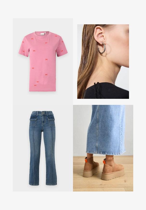 T-shirt de algodão rosa de manga curta com bordado de laços vermelhos espalhados por toda a peça. Decote redondo e design de ajuste padrão.; ONLY Petite ONLWAUW MID WAIST FLARED - Calças de ganga à boca de sino - medium blue denim; Botas plataforma em camurça castanha com painéis laterais elásticos e puxadores laranja, combinadas com uma saia de ganga clara até ao joelho, em um chão de madeira.; Brinco de argola prateada com acabamento polido, apresentando pequenos detalhes em dourado e uma forma redonda, usado na orelha.