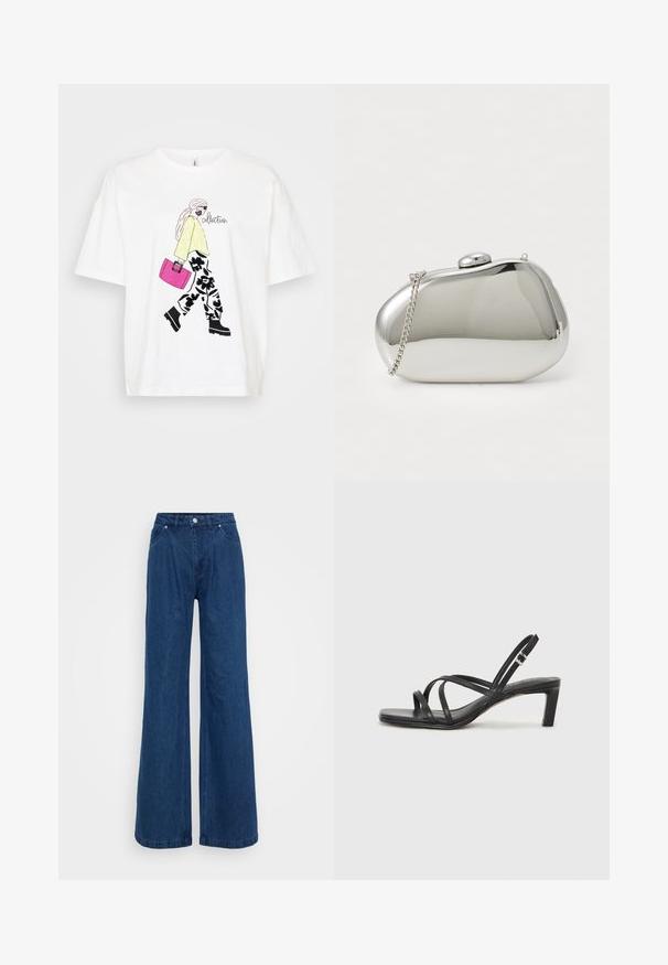 White T-shirt featuring a graphic of a figure in a yellow sweater and floral pants, carrying a pink bag. Black accents add detail.; Wide-leg blue denim jeans with a high waist, front button and zipper closure, and front and back pockets against a plain background.; Black strappy sandal with a square toe and a low block heel. Features multiple thin straps and an adjustable ankle strap. Made of smooth leather.; Silver metal clutch with a rounded, smooth shape. Features a clasp closure and a detachable chain strap. Reflective surface with no patterns.; Silver double-band ring with a smooth, polished surface. Features a fluid, curved design with overlapping sections for a modern look.