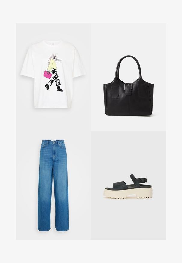 Bílá tričko s grafikou postavy v žlutém svetru a květinových kalhotách, která nese růžovou tašku. Černé akcenty přidávají detail.; Modré vysoké kalhoty s širokými nohavicemi, se zapínáním vpředu na knoflík a zip, předními a zadními kapsami a šitými lemy na bílém pozadí.; Černé semišové platformové sandály s robustní bílou podrážkou, širokým předním páskem a nastavitelným řemínkem kolem kotníku. Texturovaná podrážka pro lepší grip.; Černá kožená tote taška s hladkým povrchem, strukturovaným tvarem, dvěma uchy a výrazným stříbrným detailem s přezkou na přední straně.