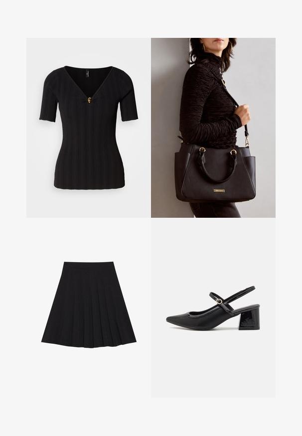 Černý žebrovaný pletený top s krátkým rukávem, hlubokým V-výstřihem a zlatým dekoračním knoflíkem uprostřed; přiléhavý střih.; Černá plisovaná sukně vyrobená z texturované látky s dobře padnoucím pasem. Délka sukně je ke kolenům a má hladký, jednoduchý siluetu.; Černé lakované lodičky s otevřenou patou, špičatou špičkou, zaobleným střihem a blokovým podpatkem. Zdobené akcentem v zlatém tónu.; Černá kabelka s texturovaným povrchem, dvojitými horními uchy a nastavitelným ramenním popruhem. Obsahuje zlaté kovové prvky a boční kapsy.