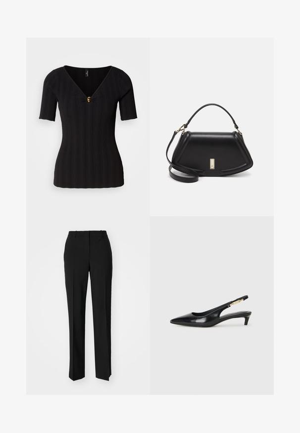 Black ribbed knit top with short sleeves, deep V-neck, and a gold decorative button at the center; form-fitting design.; Black tailored trousers with a straight-leg design, featuring a smooth texture and crisp creases along the front. No visible hardware.; Black leather slingback heels with a pointed toe, featuring a slim heel and a gold-tone accent on the adjustable strap. Smooth texture.; Black leather handbag with a structured design, featuring a cropped shape, top handle, and gold hardware accent. Adjustable shoulder strap included.; Silver hoop earrings with a smooth, curved design. Features a shiny metallic finish and stud closure. No visible patterns or accents.
