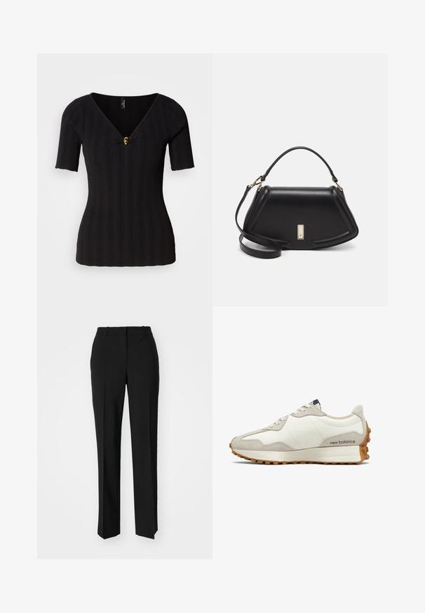 Top negro de punto acanalado con mangas cortas, escote en V profundo y un botón decorativo dorado en el centro; diseño ajustado.; Pantalones negros ajustados con un diseño de pierna recta, que presentan una textura suave y pliegues nítidos en el frente. Sin herrajes visibles.; Zapatilla blanca y beige con parte superior de cuero suave, acentos de ante, punta redondeada y suela de goma texturizada. Nombre de la marca impreso en el lateral.; Bolso de mano de cuero negro con un diseño estructurado, que presenta una forma recortada, asa superior y acentos en dorado. Correa de hombro ajustable incluida.; Pendientes de aro de plata con un diseño curvado y suave. Presentan un acabado metálico brillante y cierre de presión. Sin patrones ni acentos visibles.