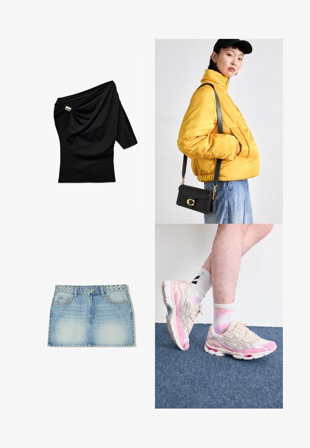Top nero con un design asimmetrico, una manica drappeggiata, arricciature laterali e un accento metallico vicino alla spalla. Tessuto morbido.; Gonna mini in denim blu chiaro, con una vita decorata da borchie, due tasche anteriori e un taglio dritto con una texture scolorita.; Sneaker sportive beige e rosa con dettagli in argento, sovrapposizioni in rete e una suola spessa. Indossate con calze colorate a tie-dye.; Giacca gialla imbottita con colletto alto e tasca anteriore, abbinata a una borsa a tracolla nera con dettagli in oro. Pantaloni in denim casual.
