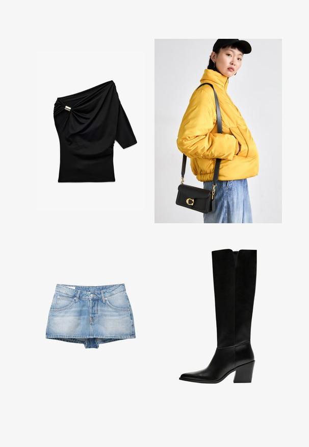 Czarna bluzka z asymetrycznym krojem, jednym opadającym rękawem, marszczeniem po bokach i metalicznym akcentem przy ramieniu. Gładka tekstura tkaniny.; Szorty dżinsowe w jasnoniebieskim kolorze z wyblakłym wykończeniem. Posiadają pięć kieszeni oraz zapięcie na guzik z przodu. Klasyczny krój z prostym dołem.; Czarne kozaki do kolan wykonane z gładkiej skóry, z ostro zakończonym noskiem, blokowym obcasem i wycięciem w kształcie litery V na górze.; Żółta pikowana kurtka z wysokim kołnierzem i przednią kieszenią, połączona z czarną torbą na ramię z złotymi akcentami. Luźne dżinsowe spodnie.