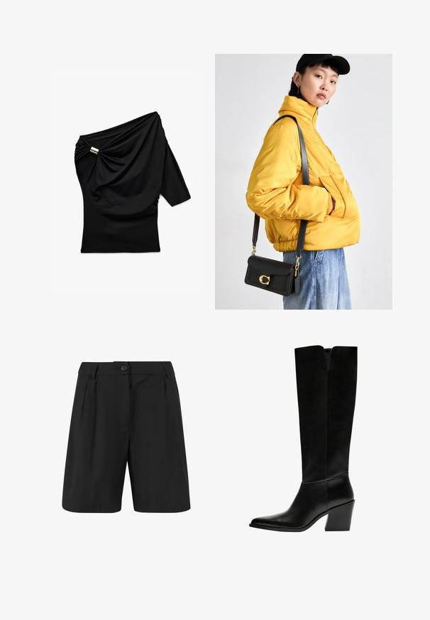 Musta toppi, jossa on epäsymmetrinen muotoilu, yksi roikkuva hiha, sivuröyhelöinti ja metallinen yksityiskohta olkapään lähellä. Sujuva kankaan pinta.; Mustat shortsit, joissa on räätälöity muotoilu, etupuolella laskokset, tasainen etuosa ja yksi nappisulku. Sileä kangas.; Mustat polvimittaiset saappaat, jotka on valmistettu sileästä nahasta. Saappaissa on terävä kärki, tukevat korko ja V-muotoinen leikkaus ylhäällä.; Keltainen pehmustettu takki korkean kauluksen ja etutaskun kanssa, yhdistettynä mustaan olkalaukkuun, jossa on kultaiset yksityiskohdat. Rentouttavat farkut.