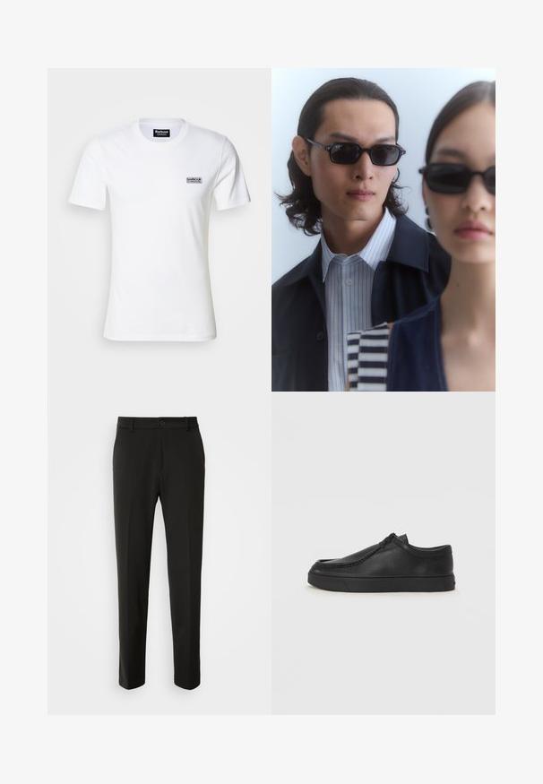 Bílý bavlněný tričko s krátkými rukávy a kulatým výstřihem. Na levé části hrudi se nachází malé černé logo "Barbour International".; Černé kalhoty vyrobené z hladkého materiálu, s rovnými nohavicemi, zapínáním na knoflík a klasickým designem vhodným pro formální i neformální nošení.; Černé kožené nazouvací boty s kulatou špičkou, prošitím a černou gumovou podrážkou. Hladký povrch s minimalistickým designem.; Černé sluneční brýle s ostrými obrysy nosí muž a žena. Muž má na sobě modro-bíle pruhovanou košili pod tmavým sakem; žena má na sobě tmavý, vzorovaný top.