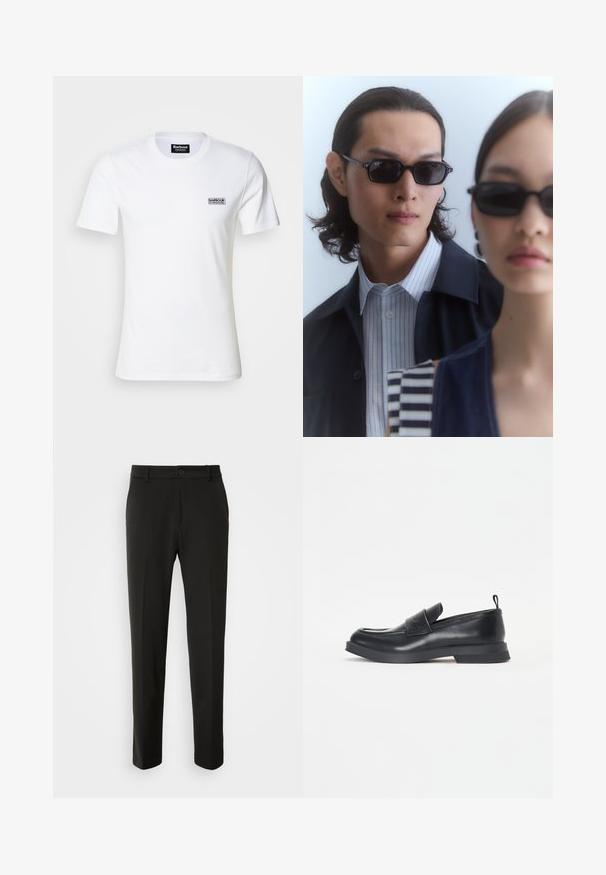 Bílý bavlněný tričko s krátkými rukávy a kulatým výstřihem. Na levé části hrudi se nachází malé černé logo "Barbour International".; Černé kalhoty vyrobené z hladkého materiálu, s rovnými nohavicemi, zapínáním na knoflík a klasickým designem vhodným pro formální i neformální nošení.; Černé kožené mokasíny s kulatou špičkou, detailním páskem vpředu a nízkou gumovou podrážkou. Obsahují jemné prošívání a zadní poutko.; Černé sluneční brýle s ostrými obrysy nosí muž a žena. Muž má na sobě modro-bíle pruhovanou košili pod tmavým sakem; žena má na sobě tmavý, vzorovaný top.