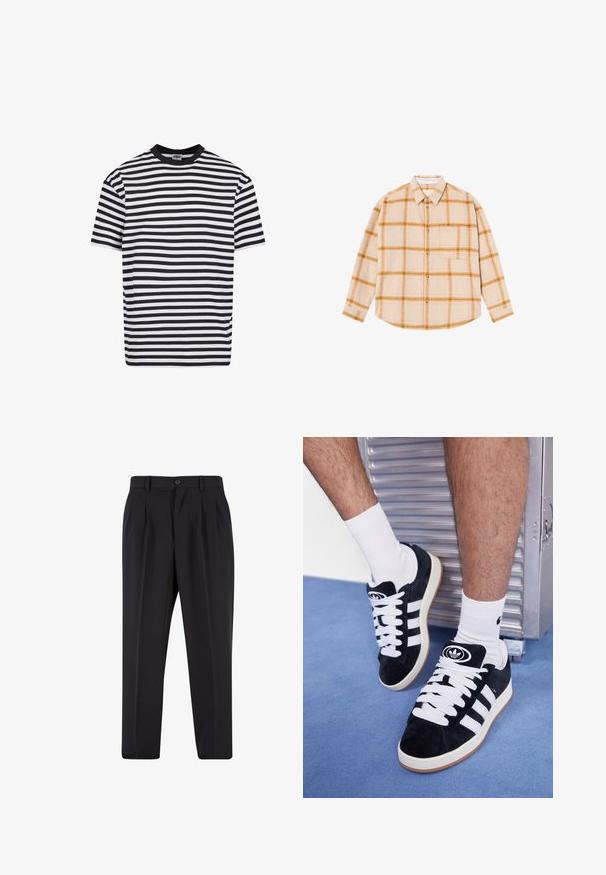 Mustvalge horisontaalsete triipudega lühikeste varrukatega T-särk musta kaelusega, brändiga Urban Classics, suurus medium.; Bež värviline ruuduline särk pikakäistega, kollaste ja pruuni ruuduga, nööpidega, ühe rinna taskuga, valmistatud tekstureeritud kangast.; Mustad püksid, millel on voltidega eesmine disain, valmistatud siledast kangast. Omab nup closure ja vöökinnitusauke; sirge jalgade lõige.; Mustad nahkjalatsid valgete paelte ja kolme valge triibuga. Omab ümmargust musta logo keele peal ning kummist tallat.