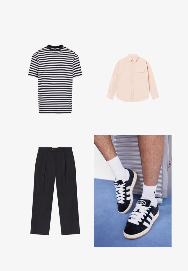 Melnas un baltas horizontālās svītras īsām piedurknēm T-krekls ar melnu apkakli, zīmola Urban Classics, izmērs vidējais.; Gaišs rozā garo piedurkņu krekls, izgatavots no mīksta auduma, ar pogājamu kaklu, priekšējo kabatu un nedaudz izšūtu logo uz krūtīm.; Pielāgoti tumši zilie bikses ar augstu jostasvietu, divām priekšējām krokām, pogu aizdari un taisnām kājām no gludas auduma.; Melni zamšaini sporta apavi ar baltiem šņorēm un trim baltām svītrām. Iekļauj arī apaļu melnu logotipu uz mēles un gumijas zoli.