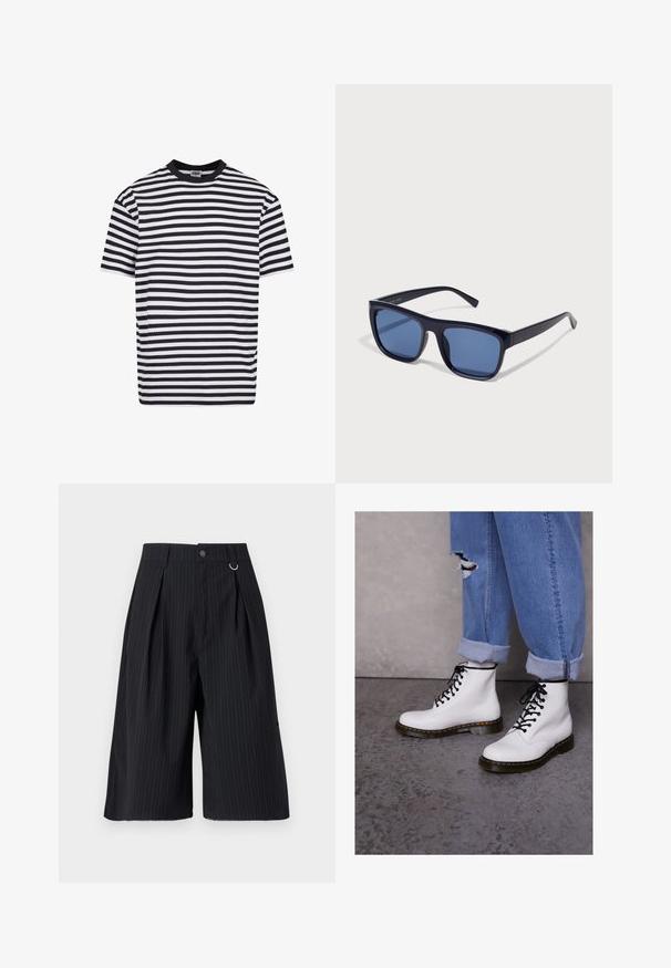 Černobílý pruhovaný tričko s krátkým rukávem, černý límec, označeno Urban Classics, velikost střední.; Černé kratasy s jemným proužkem, s vertikálními záhyby, zapínáním na knoflík a kovovým kroužkem jako akcentem. Hladká látka s dobře padnoucím střihem a délka těsně nad kolena.; Bílé kožené kotníkové boty s černými šňůrkami, žlutým prošíváním a pevnou gumovou podrážkou. Nosit s vyhrnutými světle modrými džíny.; Černé plastové sluneční brýle s obdélníkovými rámy, modře zabarvenými skly a úzkými bočními rameny, s lesklým povrchem.