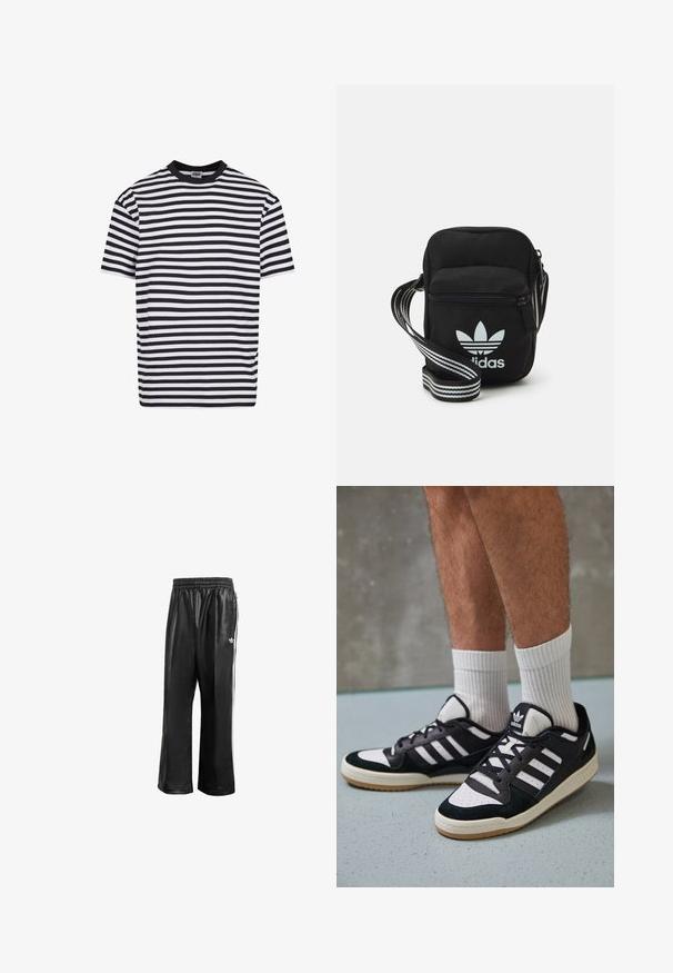 Juodai balta horizontaliai juostuota trumpų rankovių marškinėliai su juodu apykakle, pažymėti Urban Classics, vidutinio dydžio.; Juodos sintetinių medžiagų treniruočių kelnės su elastingu juosmeniu, su baltomis šoninėmis juostelėmis ir mažuoju baltu logotipu kairėje klubo pusėje.; Juodos ir baltos sportinės bateliai su zomšiniu ir odiniu viršumi, su trimis baltomis juostelėmis, perforuota koja ir guminėmis padais.; Juodas audinio per petį nešiojamas krepšys su užtrauktuku, turintis baltą Adidas logotipą ir dryžuotą reguliuojamą diržą patogiam nešiojimui.